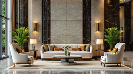 Luxury and modern living room with marble wall. 3d rendering