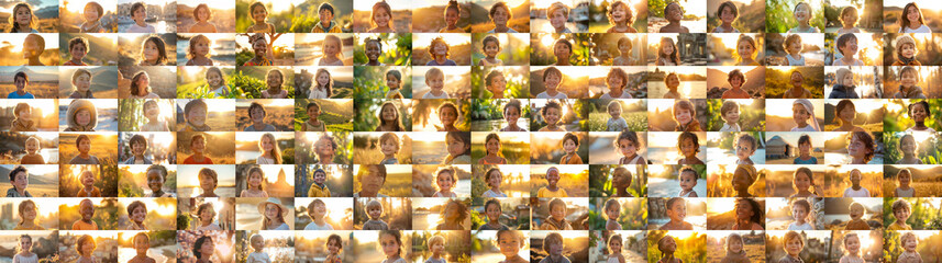 Panorama collage of panorama portraits of children from around the world outdoors
