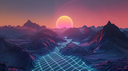 Synthwave style landscape with blue grid mountains