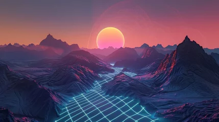 Foto op Plexiglas Synthwave style landscape with blue grid mountains © Media Srock