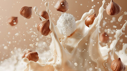 Dynamic Splash with Hazelnuts and Creamy Milk on Beige Background