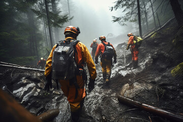 Generative AI photo image of rescuers saving people in mountains dangerous extremely risky winter ski sport