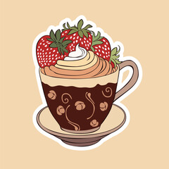 Vector art depicts a delightful cup of coffee adorned with luscious strawberries and creamy swirls, evoking a tantalizing blend of flavors.