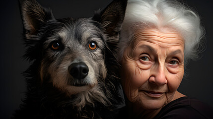 a woman with her pet, old lady with a dog, grandmother playing with her dog