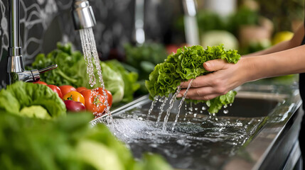 Fresh Vegetables Being Washed Under Running Water in Kitchen Sink