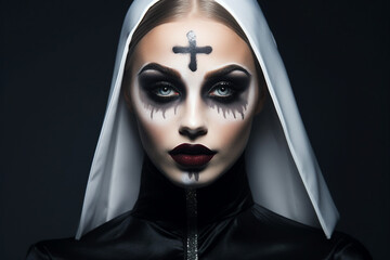 Mysterious religious person nun priest in church robe serious face expression Generative AI illustration