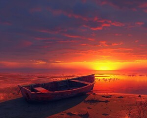 A vibrant sunset over a deserted beach, with a single, abandoned boat in the foreground , Solid color background, hyper realistic