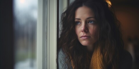 Sad lonely young woman sitting by the window in rainy weather. Generative AI. - obrazy, fototapety, plakaty