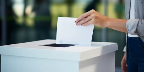 A young woman casts a ballot into a ballot box at a polling station. Generative AI.