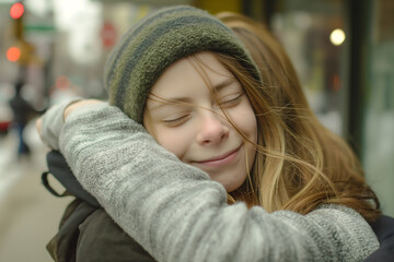 Cherished Embrace: Two Friends Sharing a Warm Hug Outdoors