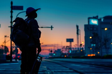 A candid photo of a street cleaner at dawn, their silhouette against the city they keep alive, a tribute to the unnoticed work that shapes our daily lives , Solid color background, copy space style