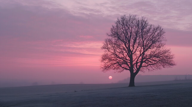 Tranquil Sunrise Landscape with Lone Tree and Misty Fields
