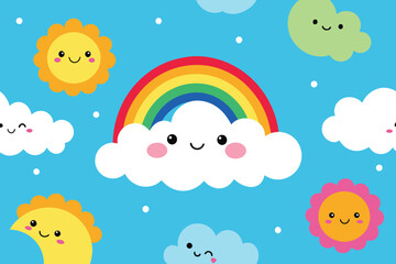 Colorful funny sky doodle seamless pattern. Cute happy clouds in simple children art style background illustration with sun and rainbow
