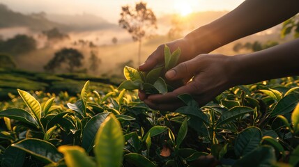 Warm sunrise light caresses a tea picker's hands gently holding fresh tea leaves, amidst a misty plantation - obrazy, fototapety, plakaty
