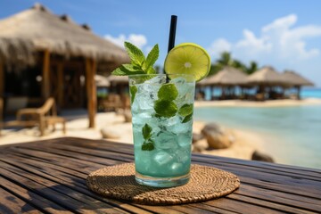 Refreshing mojito cocktail on table with beach bar ambiance and beautiful seascape background - 768095559
