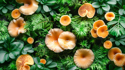 Nature backdrop of chanterelle mushrooms nestled amidst lush foliage, exemplifying sustainable practice of foraging as eco-friendly pastime, blending serenity of nature with pleasure of harvesting - obrazy, fototapety, plakaty