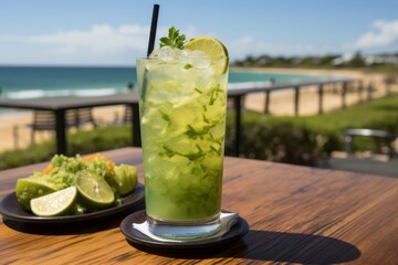 Refreshing mojito cocktail on beach bar table with sea view for summer holiday vibes - 768095575