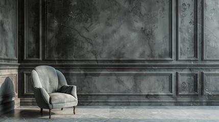 Gray armchair minimalist interior with classic wall background. 3d rendering