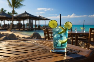 Refreshing mojito cocktail on beach bar table with sea view, tropical summer beverage - 768095593