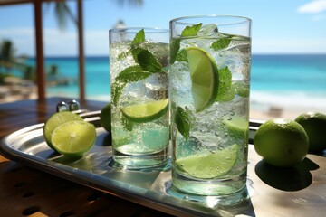 Refreshing mojito cocktail on beach bar table with stunning sea view, tropical paradise setting - 768095718