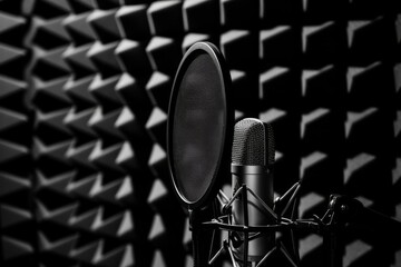 a microphone in a sound booth with a pop filter, surrounded by acoustic foam panels in black and white Generative AI - obrazy, fototapety, plakaty