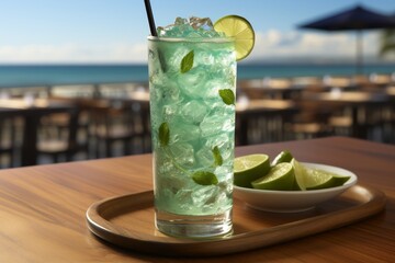 Refreshing mojito cocktail with mint leaves on a beach bar table overlooking the beautiful sea - 768095732