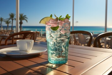 Colorful mojito cocktail on wooden beach bar table with breathtaking sea view in the background - 768095757