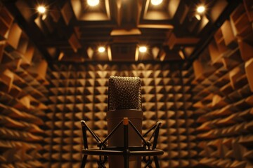 a microphone in a recording studio, surrounded by soundproofing panels and soft lighting Generative AI - obrazy, fototapety, plakaty