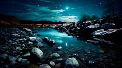 starry night on the bank of a river, river at night