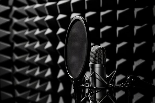 a microphone in a sound booth with a pop filter, surrounded by acoustic foam panels in black and white Generative AI