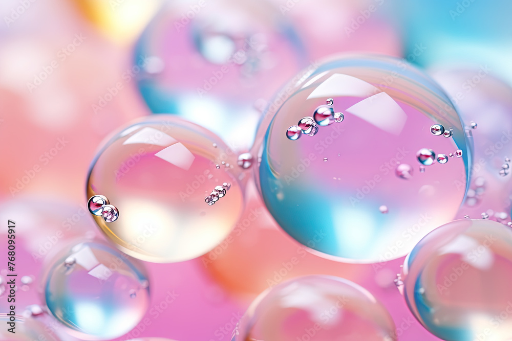 Poster pink holographic bubbles floating on the soft colorful abstract background in beautiful vivid tones.