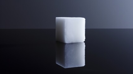 Minimalist stock image of a single white sugar cube on a reflective surface, evoking a sense of simplicity and focus on detail