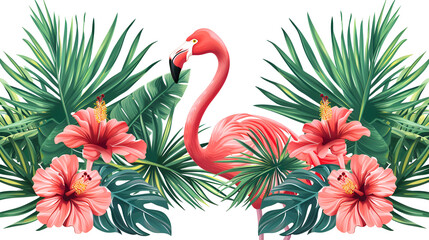 The tropical background. Summer illustration with flamingo, generative ai - obrazy, fototapety, plakaty