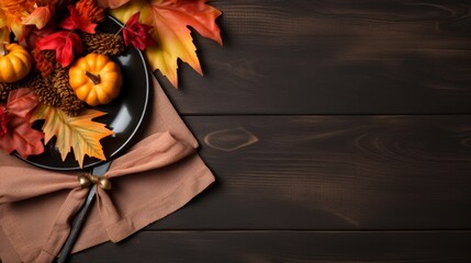 Thanksgiving fall place setting with cutlery and fall leaf arrangement - obrazy, fototapety, plakaty