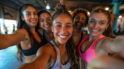 Fototapeta premium Group selfie of women of all fitness levels at diverse fitness class, healthy lifestyle concept.