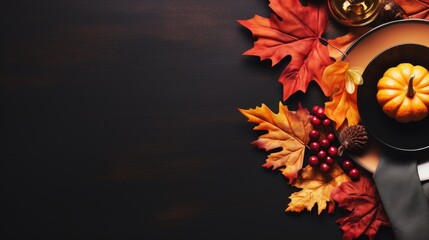 Thanksgiving fall place setting with cutlery and fall leaf arrangement