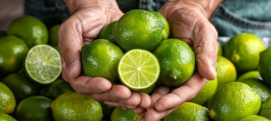 Hand holding zesty lime with selection of limes on blurred background, copy space available