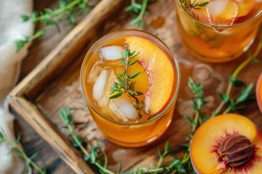 Top view, refreshing peach iced tea with fresh fruit slices and thyme