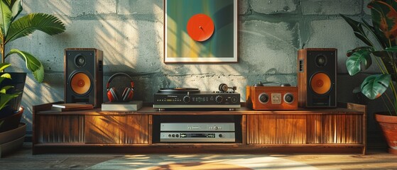 A stylish record player takes center stage, flanked by a set of modern headphones, with a retroinspired poster adorning the wall behind it The entire scene is brought to life in stunning 3D - obrazy, fototapety, plakaty