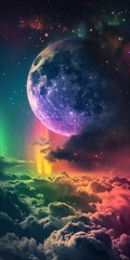 Obraz na płótnie Canvas Aurora borealis like rainbow colors on the moon sky with a surreal weird dark touch Background created with Generative AI Technology