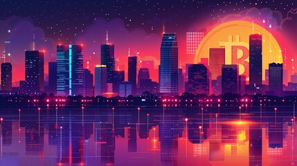Futuristic city skyline with Bitcoin dominating the skyline, neon lights, dynamic angles, hyperdetailed