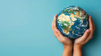 Hands embrace Earth globe against calm blue, signifying unity in environmental conservation, with ample copy space