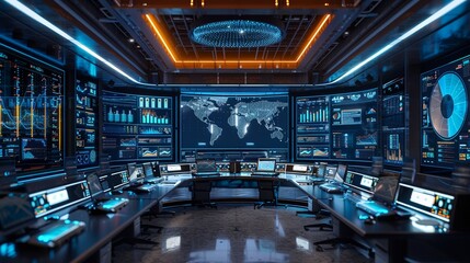 Hightech command center with multiple screens displaying realtime data analysis, focusing on pie charts and histograms for strategic decisions