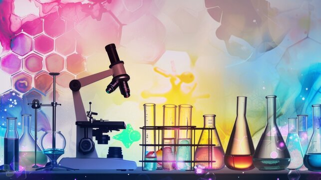 Artistic interpretation of a science lab setup with a backdrop of colorful abstract patterns, merging art with the precision of science