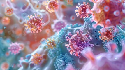 Obraz na płótnie Canvas Pathogenic virus in human cells, 3D illustration, bright colors, top view, detailed texture