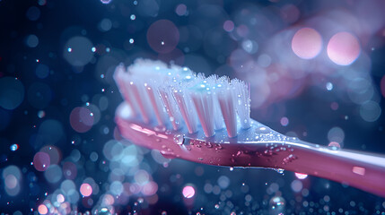 toothbrush close up with shining particles, Generative ai - obrazy, fototapety, plakaty