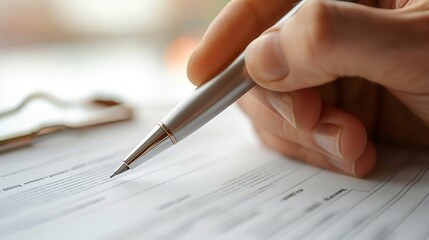 Professional signing paperwork, pen poised, neutral background, detailed closeup
