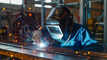 close up of a welder is welding in the workstation, welder at the workstation, welder doing hard work in the garage