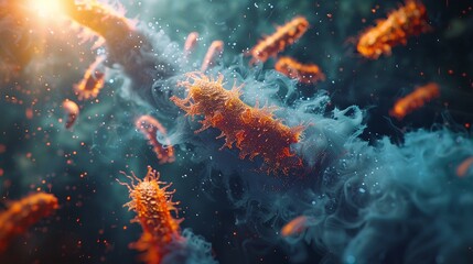 Single bacteria facing a tidal wave of antibiotics, side view, cinematic lighting