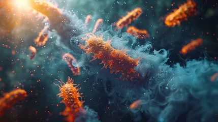 Fotobehang Single bacteria facing a tidal wave of antibiotics, side view, cinematic lighting © kittisak